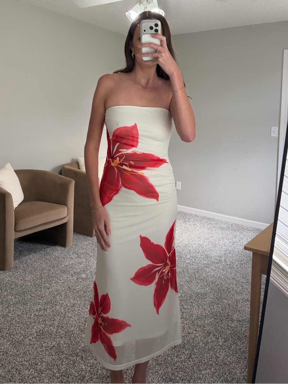 Strapless Cream Midi Dress with Red Floral Print - Picture 1 of 4